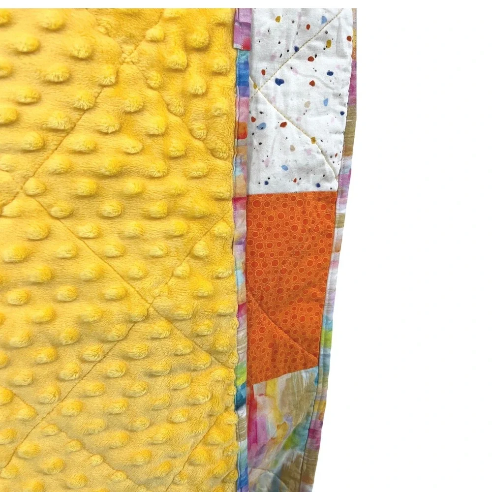 Handmade 40x36 Patchwork Quilt Yellow Plush Backing Nursery Blanket